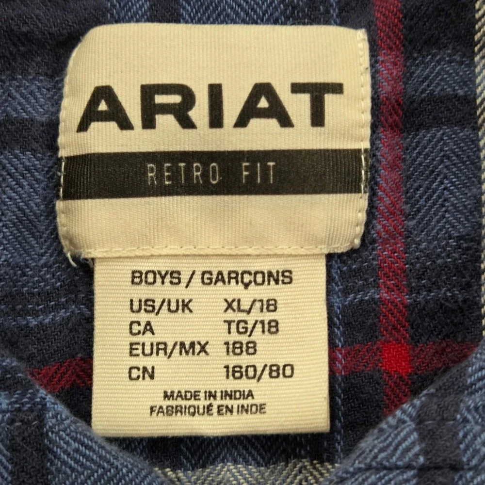 Ariat Retro Fit Boys Flannel Shirt XL/18 Plaid Western Button Down Blue‎ Red